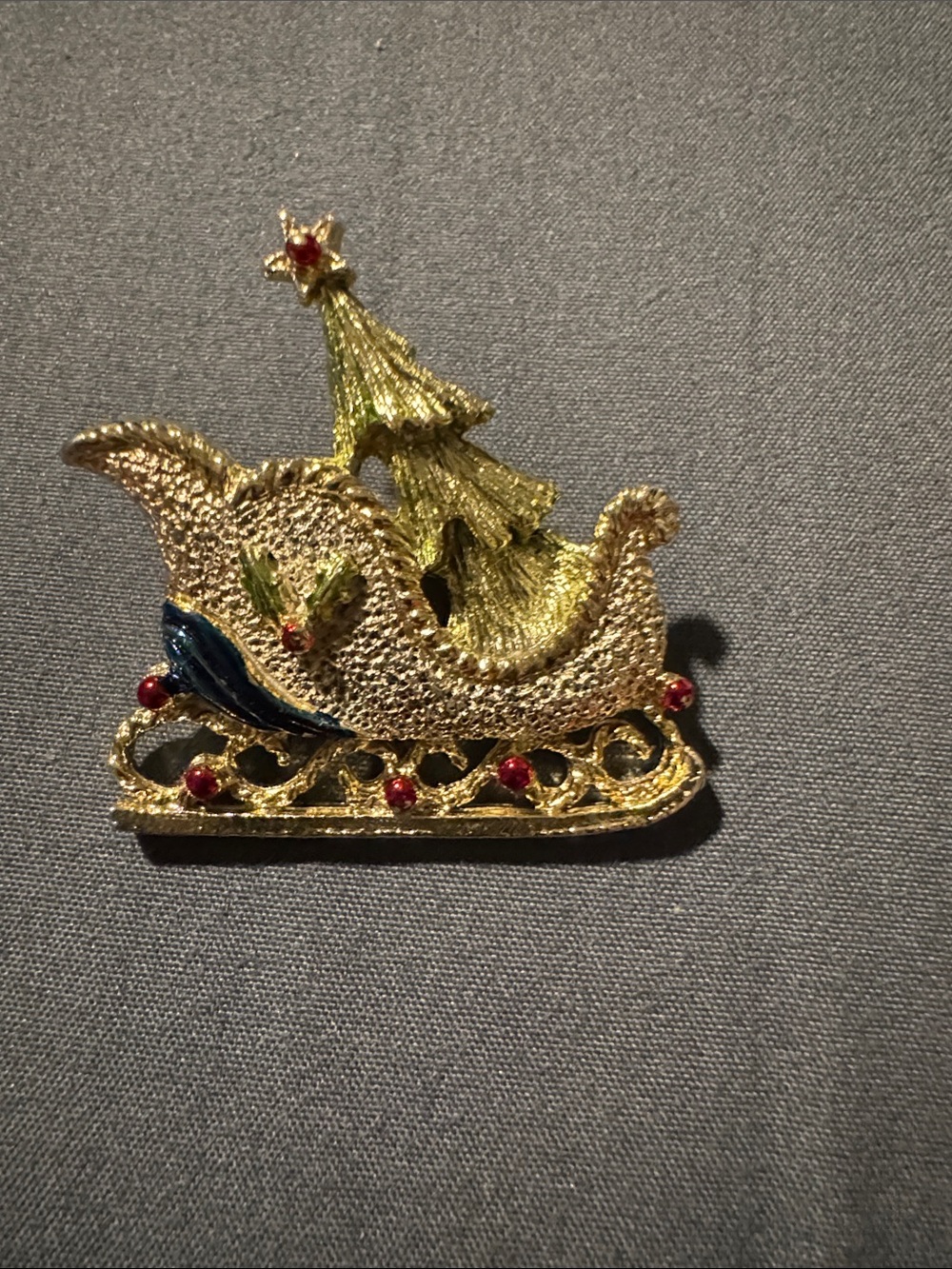 Gold-Tone Holiday Sleigh Brooch with Red Accents